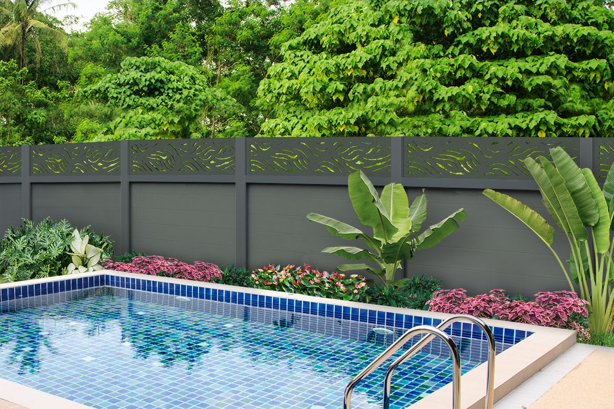 Modinex STREAM panel installed on backyard fence around pool